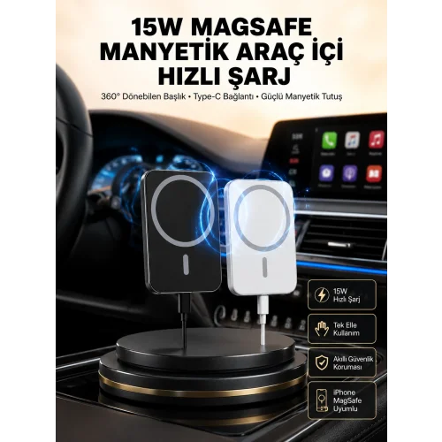 Mey İthalat® 15W Kablosuz Şarj Destekli MagSafe Araç Tutucu Havalandırma Klipsli