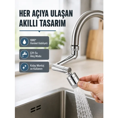Mey İthalat® 2 Modlu 1080° Dönebilen Musluk Başlığı Esnek 3 Eklemli Hareketli Tasarım