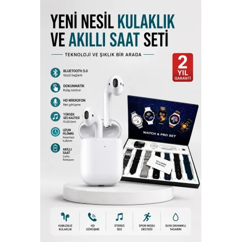 Mey İthalat® 2025 Model Akıllı Saat ve 2.Nesil TWS Bluetooth Kulaklık Yüksek Ses Kaliteli