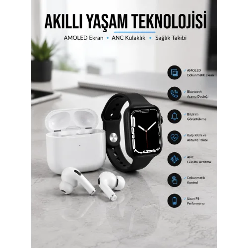 Mey İthalat® 2025 Model Akıllı Saat ve Yeni Nesil Pro Bluetooth Kulaklık TWS Yüksek Ses Kaliteli
