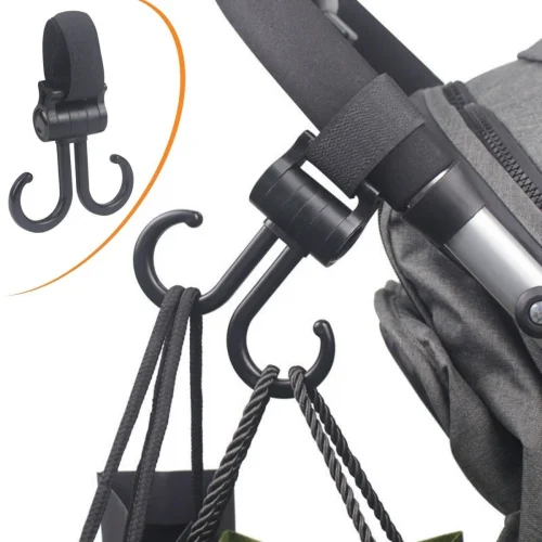 Mey İthalat®  2li Bebek Arabasına Uyumlu Cırtlı  Eşya Taşıma Aparatı 360 Derece Dönebilen Plastik Kanca