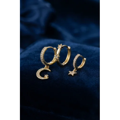 Mey İthalat® 3 lü Ay ve Yıldız Model Gold Renk Set Küpe