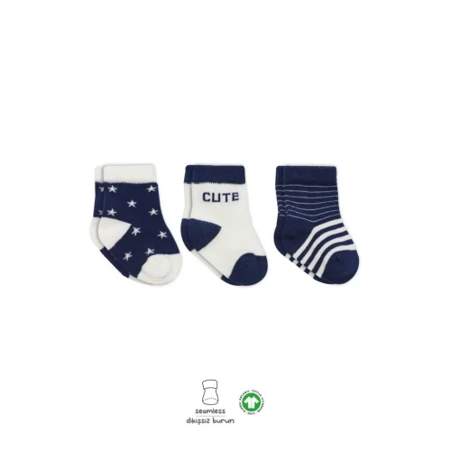 Mey İthalat®   3Lü Penye Cute Stars Soket Çorap BS10115 Lacivert