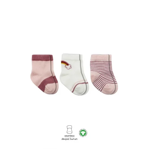 Mey İthalat®   3Lü Penye Rainbow Soket Çorap BS10113 Pudra