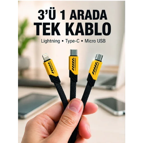 Mey İthalat® 3lü Şarj Kablosu Hızlı Şarj Destekli Dayanıklı Örgü USB Kablo
