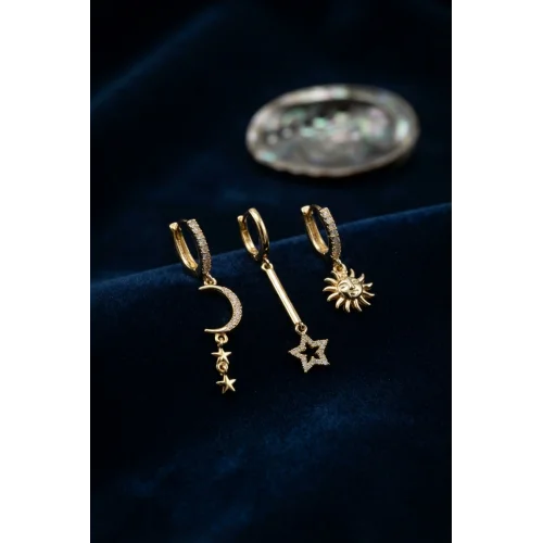 Mey İthalat® 3 lü Set Ay Yıldız ve Güneş Model Gold Renk Kadın Küpe