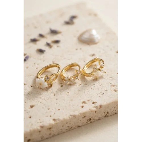 Mey İthalat® 3 lü Set Çiçek Model Gold Renk Kadın Küpe