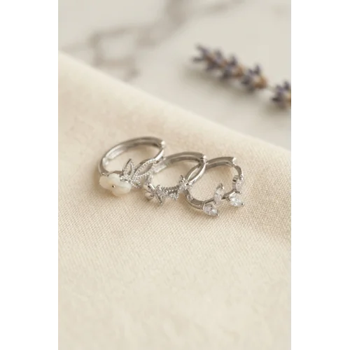 Mey İthalat® 3 lü Set Çiçek Model Gümüş Renk Kadın Küpe