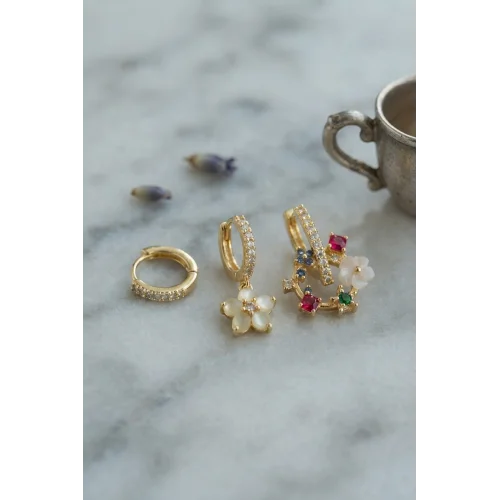 Mey İthalat® 3 lü Set Gold Renk Çiçek Model Küpe