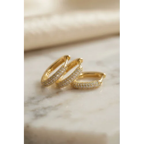 Mey İthalat® 3 lü Set Gold Renk Zirkon Taşlı Kare Halka Küpe