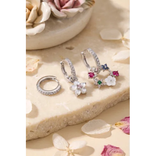 Mey İthalat® 3 lü Set Gümüş Renk Çiçek Model Küpe