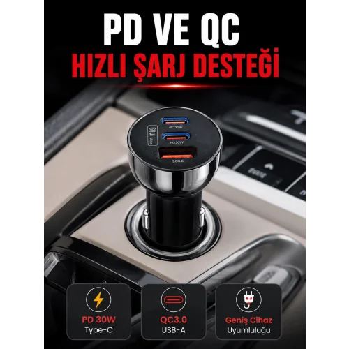 Mey İthalat® 3 Portlu Araç İçi Şarj Adaptörü Çift PD Type-C ve QC3.0 USB Çıkışlı