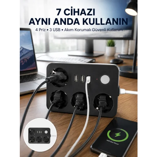 Mey İthalat® 3 USB Çıkışlı 4’lü Akıllı Priz 2500W 2 Metre Kablo
