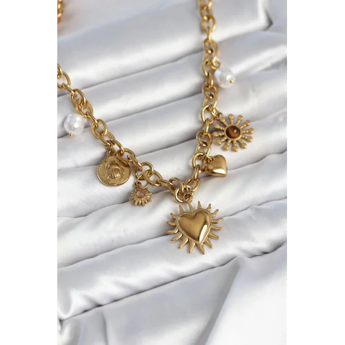 Mey İthalat® 316L Çelik Gold Renk Charmlı Model Kadın Kolye