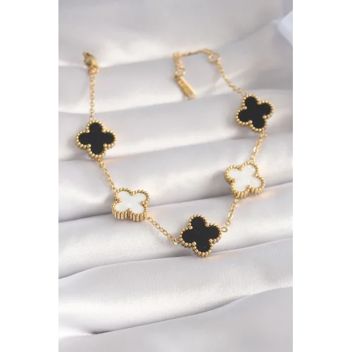 Mey İthalat® 316L Çelik Gold Renk Siyah Beyaz Yonca Model Kadın Bileklik
