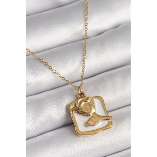 Mey İthalat® 316L Çelik Gold Renk Zincir Beyaz Mineli Gül Portre Model Kadın Kolye