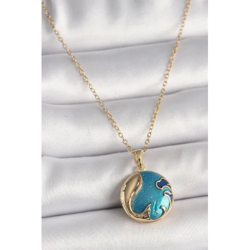 Mey İthalat® 316L Çelik Gold Renk Zincir Mavi Dünya Model Kadın Kolye