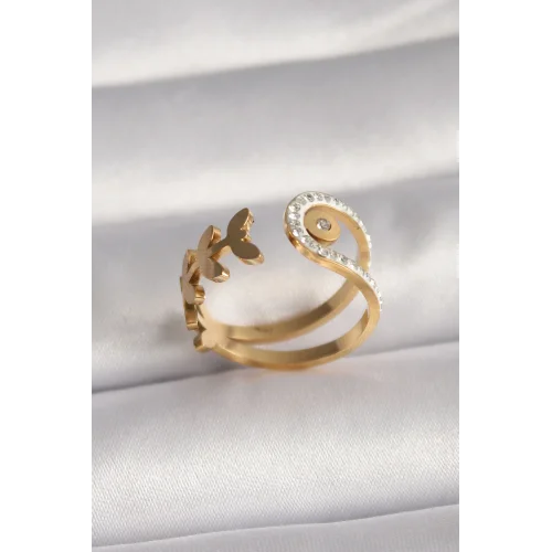 Mey İthalat® 316L Çelik Gold Renk Zirkon Taşlı Yaprak Model Kadın Yüzük