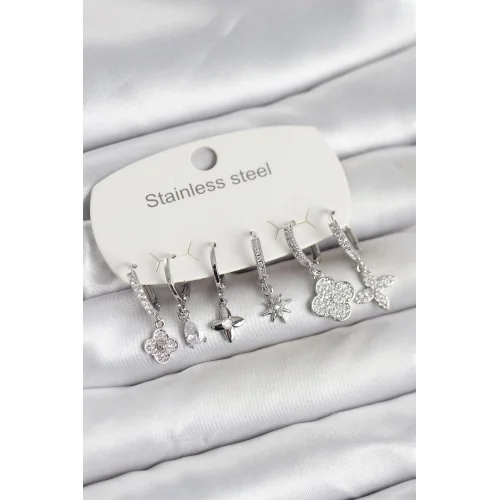 Mey İthalat® 316L Çelik Gümüş Renk 6lı Set Yonca Model Kadın Küpe