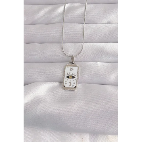 Mey İthalat® 316L Çelik Gümüş Renk Beyaz Mineli Göz Figür Tarot Kolye