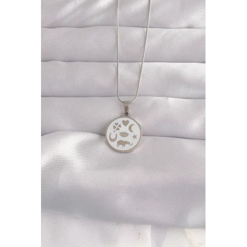 Mey İthalat® 316L Çelik Gümüş Renk Beyaz Mineli Karışık Figürlü Tarot Kolye