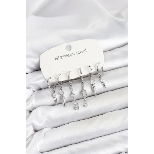Mey İthalat® 316L Çelik Gümüş Renk Zirkon Taşlı Kadın Küpe Seti