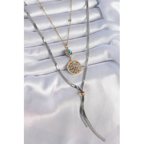 Mey İthalat® 316L Çelik Mix Renk Filiz Figür Nazar Boncuk Detay Uzun Kadın Kolye