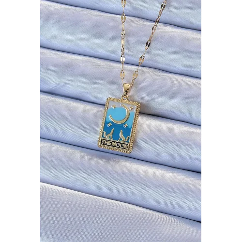 Mey İthalat® 316L Çelik Zincir Altın Renk Mavi Mineli Ay Figür Tarot Kolye