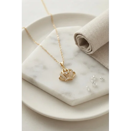 Mey İthalat® 316L Çelik Zincir Gold Renk Crown Model Kolye