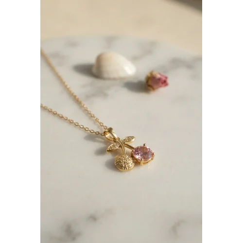 Mey İthalat® 316L Çelik Zincir Gold Renk Pembe Kiraz Model Kolye