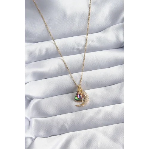 Mey İthalat® 316L Çelik Zincir Gold Renk Zirkon Taşlı Hilal Kristal Kalp Model Kadın Kolye