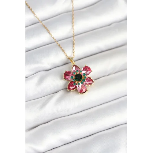 Mey İthalat® 316L Çelik Zincirli Pembe Çiçek Model Kadın Kolye