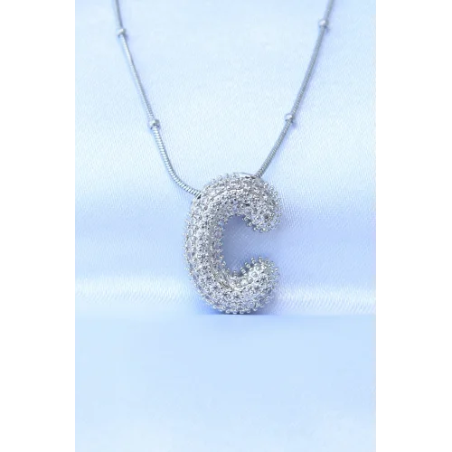 Mey İthalat® 316L Çelik Zincirli Zirkon Taşlı C Harfli Gümüş Renk Bubble Kolye