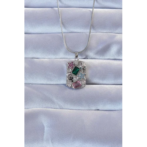 Mey İthalat® 316L Gümüş Renk Çok Renkli Zirkon Taşlı Vintage Kolye