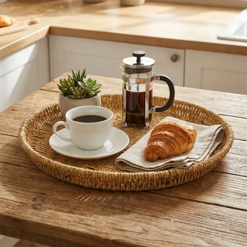 Mey İthalat® 35 cm Plastik Rattan Tepsi – Hasır Görünümlü Dekoratif Servis Tepsisi, Mutfak, Kahvaltı, Sunum ve Masaüstü Çok Amaçlı Organizer