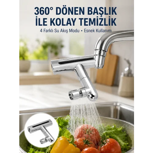 Mey İthalat® 360° Dönüşlü Su Akışı Başlığı | 4ü 1 Arada Kullanım Yeni Nesil