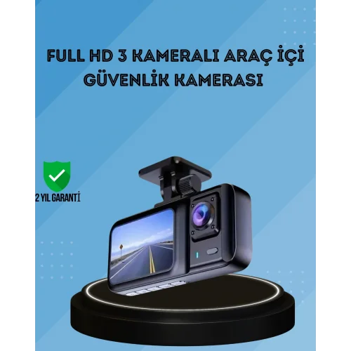 Mey İthalat® 360° Kapsama Sahip Full HD Araç Kamerası 3’lü Kayıt Gece Görüşlü DashCam