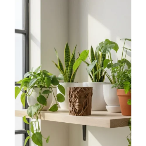 Mey İthalat® 3D Ağaç Gövdesi Formlu Yüz Figürlü Dekoratif Saksı Sanatsal Tasarım Vazo