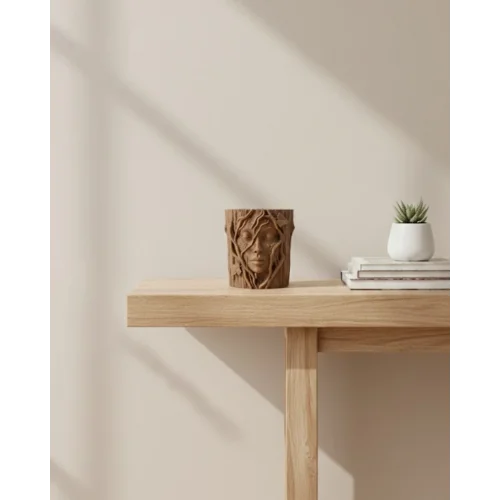 Mey İthalat® 3D Doğal Ahşap Görünümlü Yüz Detaylı Dekoratif Vazo Sanat Tasarım