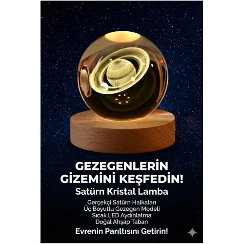 Mey İthalat® 3D Kristal Küre Gece ası - Ahşap Tabanlı Dekoratif LED Masa Üstü Aydınlatma