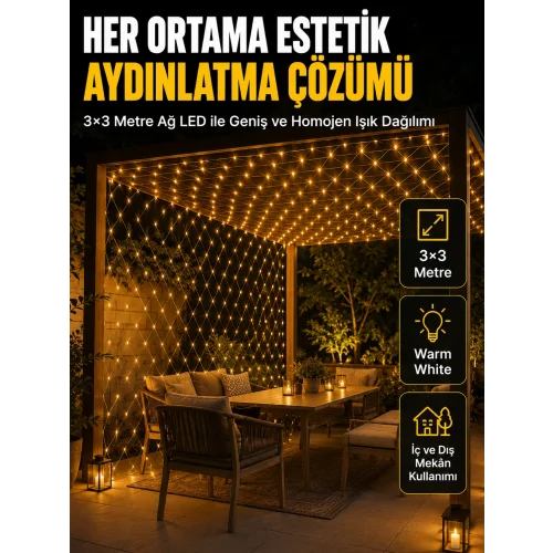 Mey İthalat® 3x3 Metre Ağ LED ile Bahçenize Sıcak ve Şık Aydınlatma