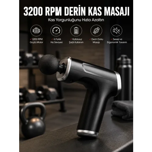 Mey İthalat® 4 Başlıklı Darbeli Şarjlı Masaj Aleti Tabancası Kablosuz