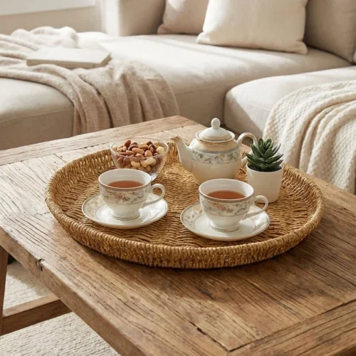 Mey İthalat® 40 cm Plastik Rattan Tepsi – Hasır Görünümlü Dekoratif Servis Tepsisi, Mutfak, Kahvaltı, Sunum ve Masaüstü Çok Amaçlı Organizer