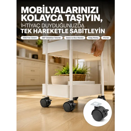 Mey İthalat® 4’lü Kilitli Tekerlek Ayak 4 cm Sessiz ve Dayanıklı