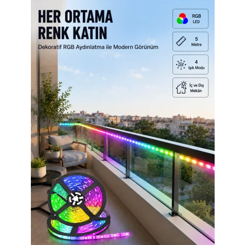 Mey İthalat® 5 Metre Kumandalı RGB Şerit LED Aydınlatma