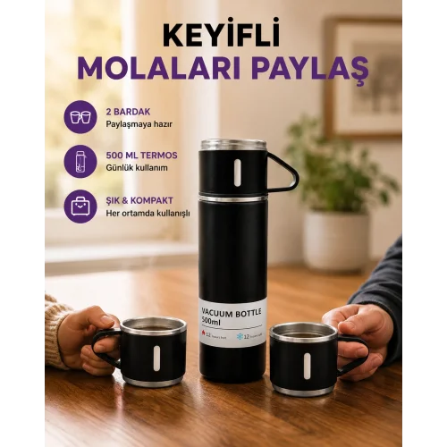 Mey İthalat® 500 ml Isı Korumalı Çelik Termos ve Bardak Seti | Silikon Tabanlı, Şık ve Pratik