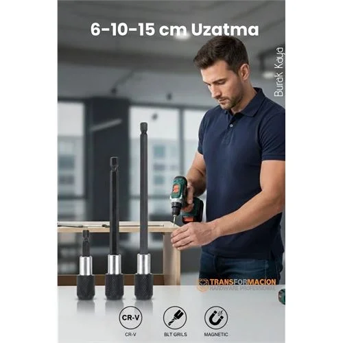 Mey İthalat® 6-10-15 cm 3lü Manyetik Uzatma Bits Adaptör Seti | Ulaşılmaz Alanlar ve Hassas Vidalama İçin