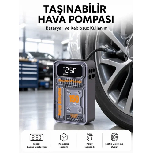 Mey İthalat® 6000mAh Bataryalı LED Ekranlı Akıllı Hava Kompresörü