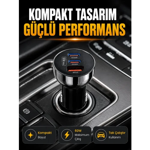 Mey İthalat® 60W Araç İçi Hızlı Şarj Adaptörü Çift USB-C PD ve USB-A QC3.0