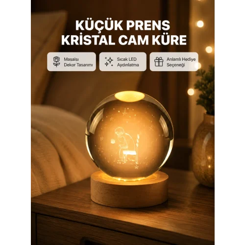 Mey İthalat® 8 cm Küçük Prens Cam Küre USB Işıklı Ahşap Tabanlı Dekor